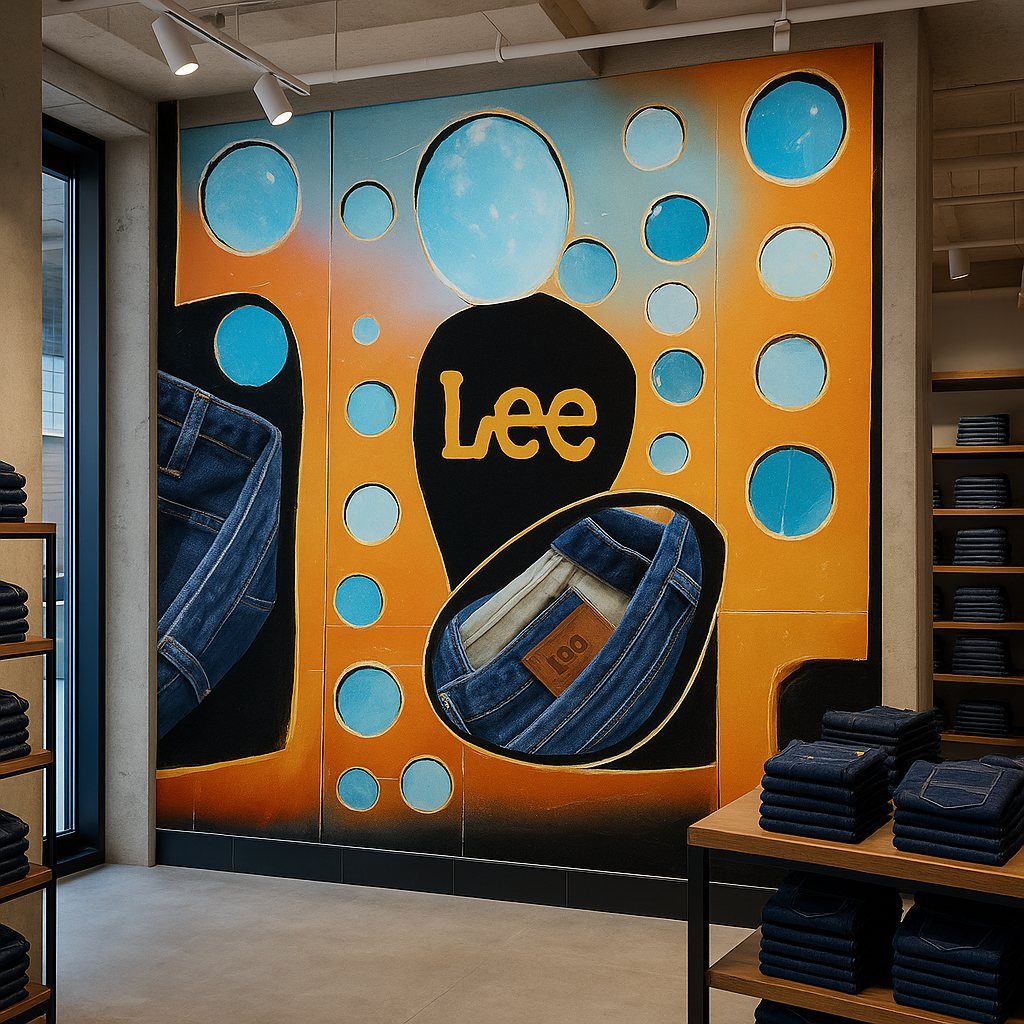 Lee store wall concept in orange with denim portholes