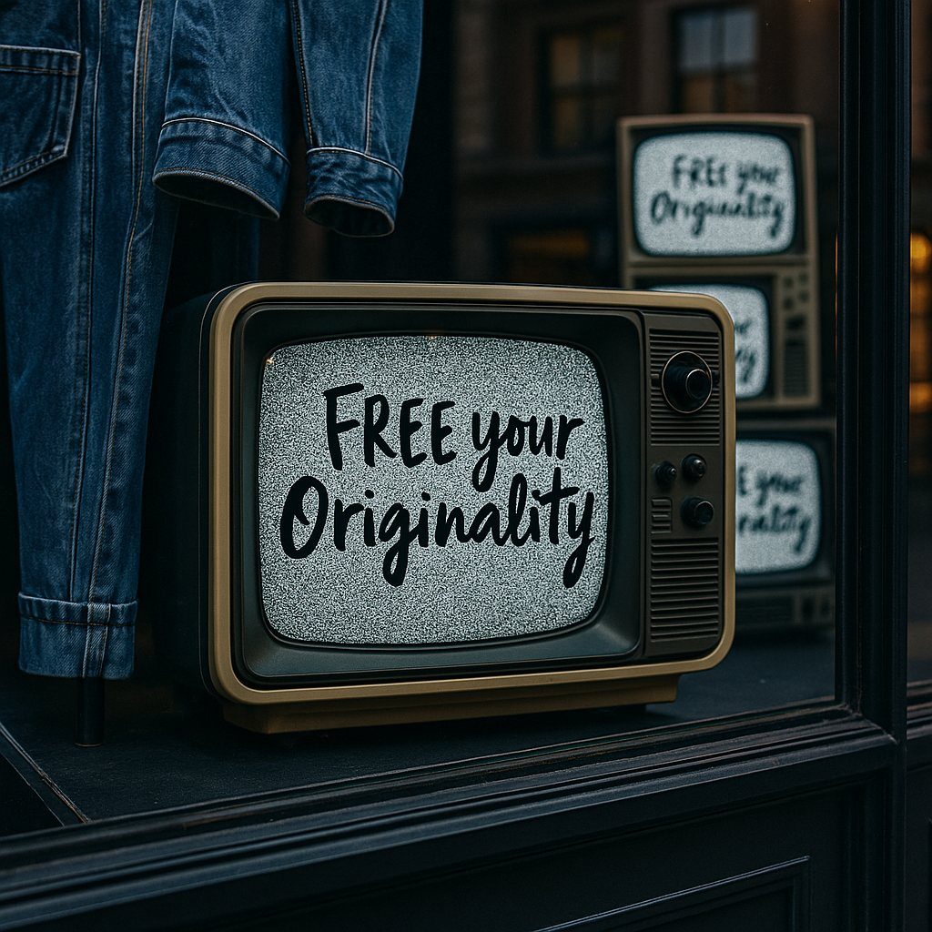 Free Your Originality on a vintage television in a shop window