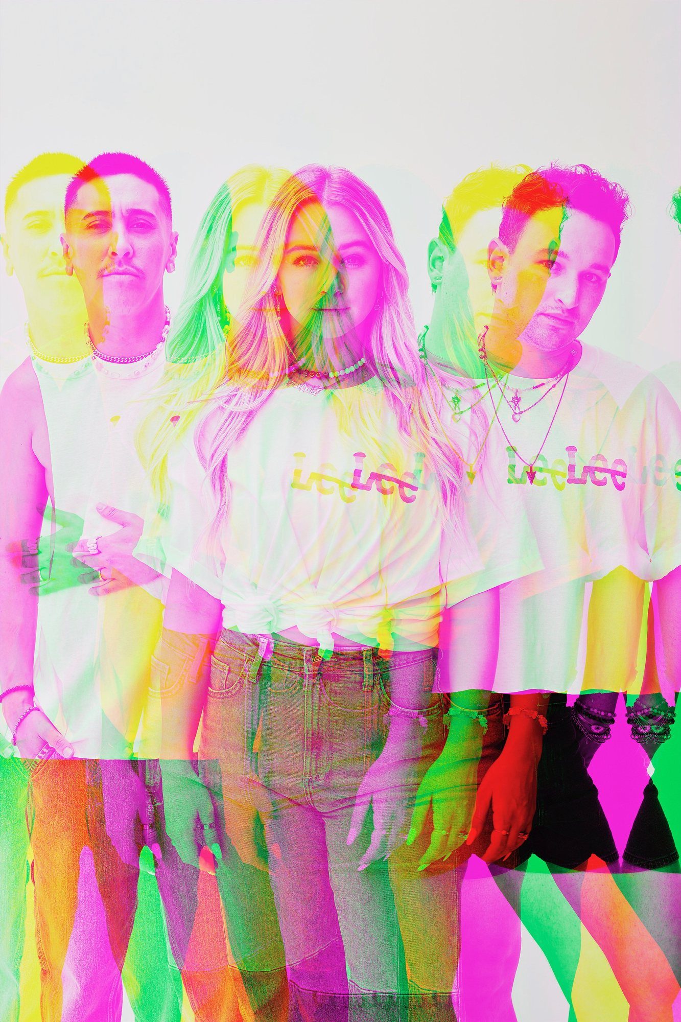 Three friends in chromatic double exposure