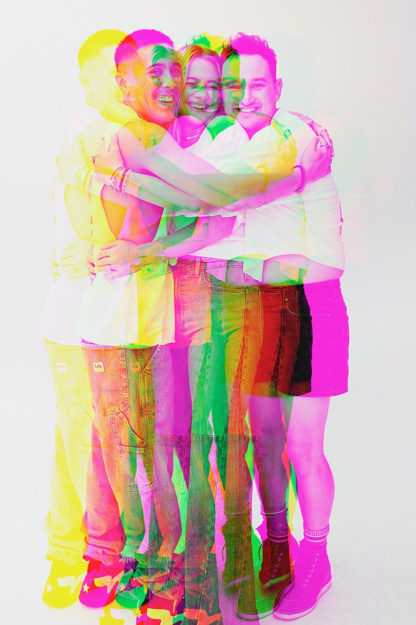 Three friends hugging, chromatic