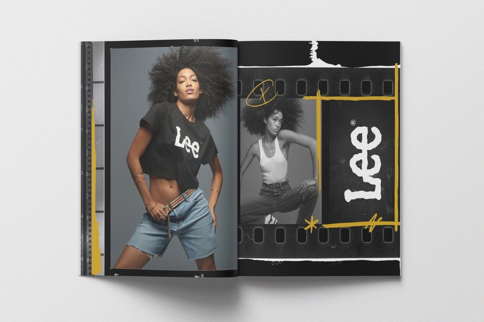 Book spread with film strip portraits