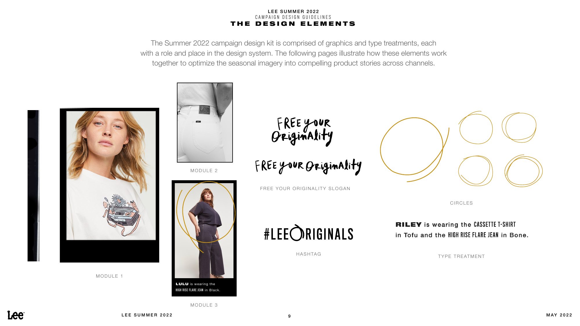 Summer 2022 design kit: photo modules, the hand-lettered slogan, the hashtag and the gold circles