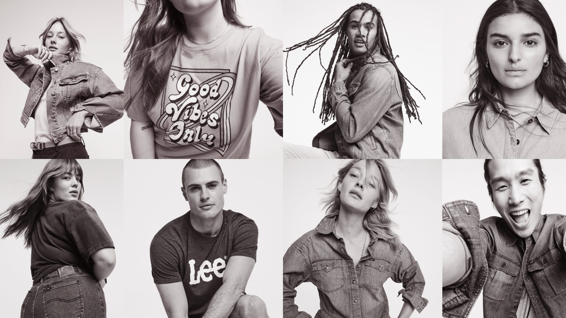 Eight black-and-white campaign portraits in Lee denim and tees