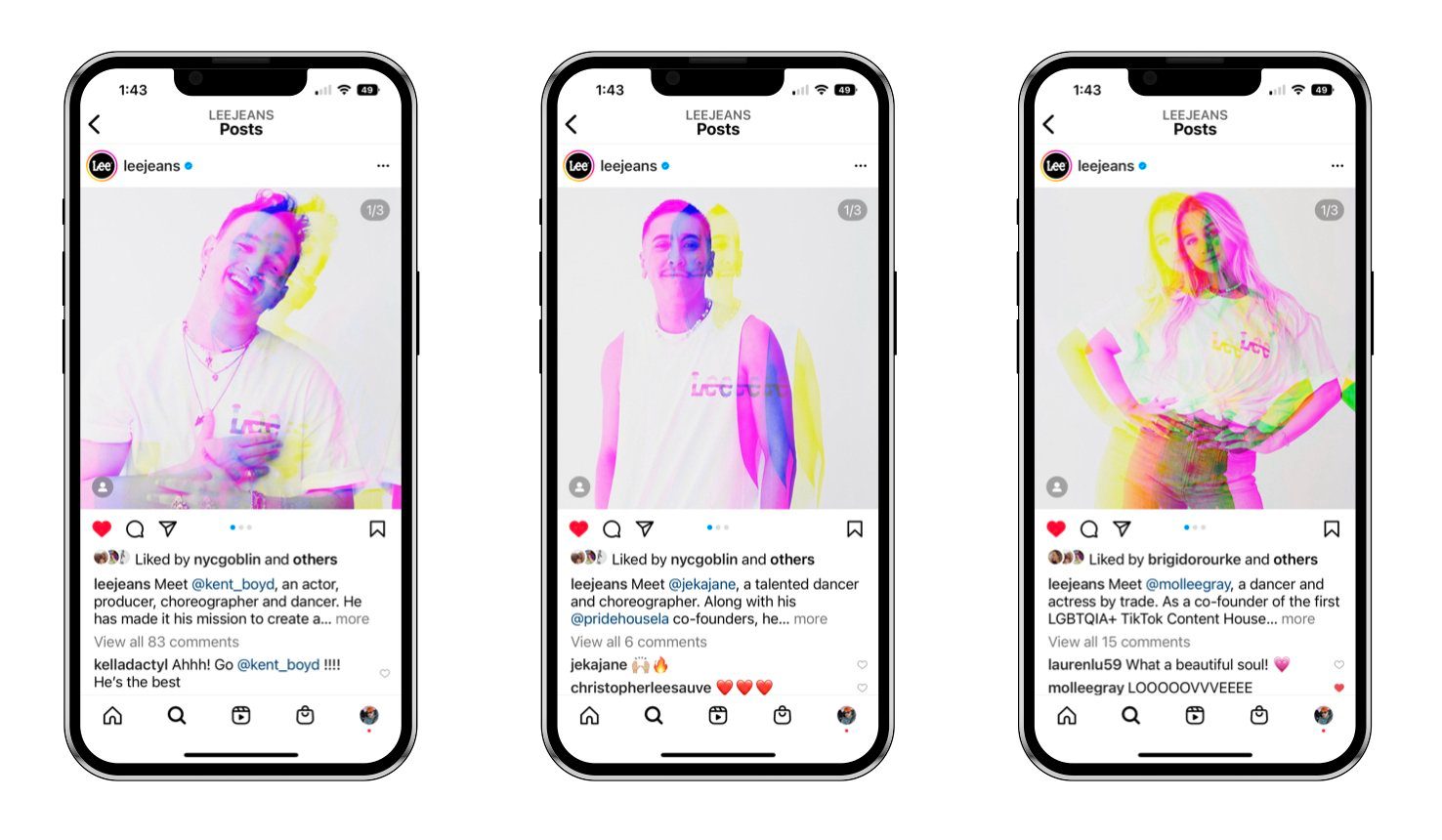 Love Is Love posts in the Instagram feed, on three phones