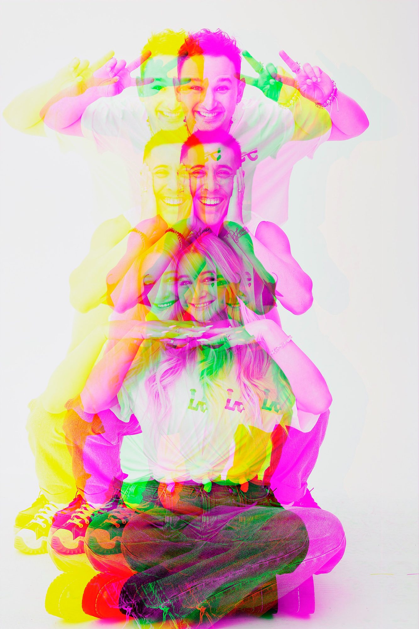 Four friends stacked in chromatic double exposure in Lee Is Love tees