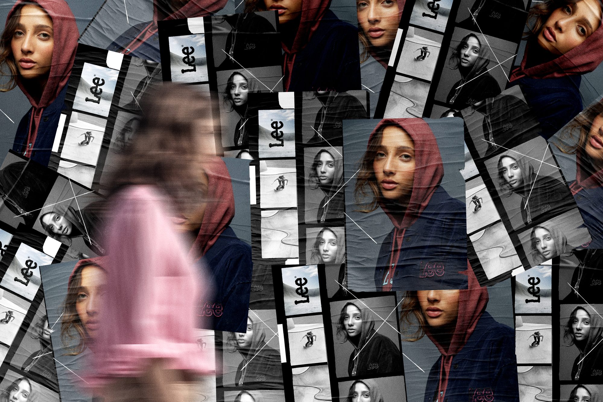 World of Firsts poster wall: contact-sheet posters and a hooded portrait