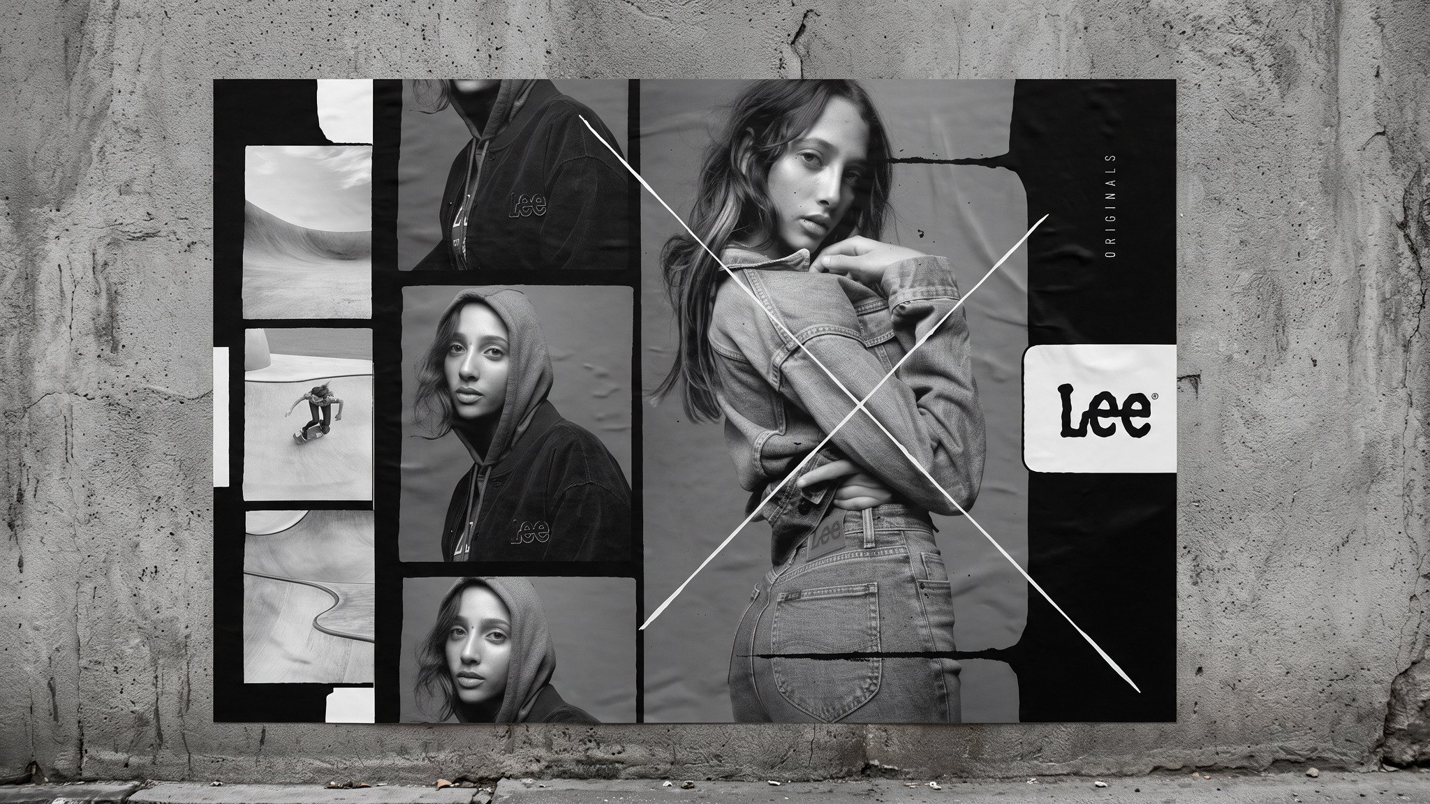Black-and-white Lee Originals poster on a concrete wall: contact-sheet frames, a hooded portrait and a model in a denim jacket crossed with a white X