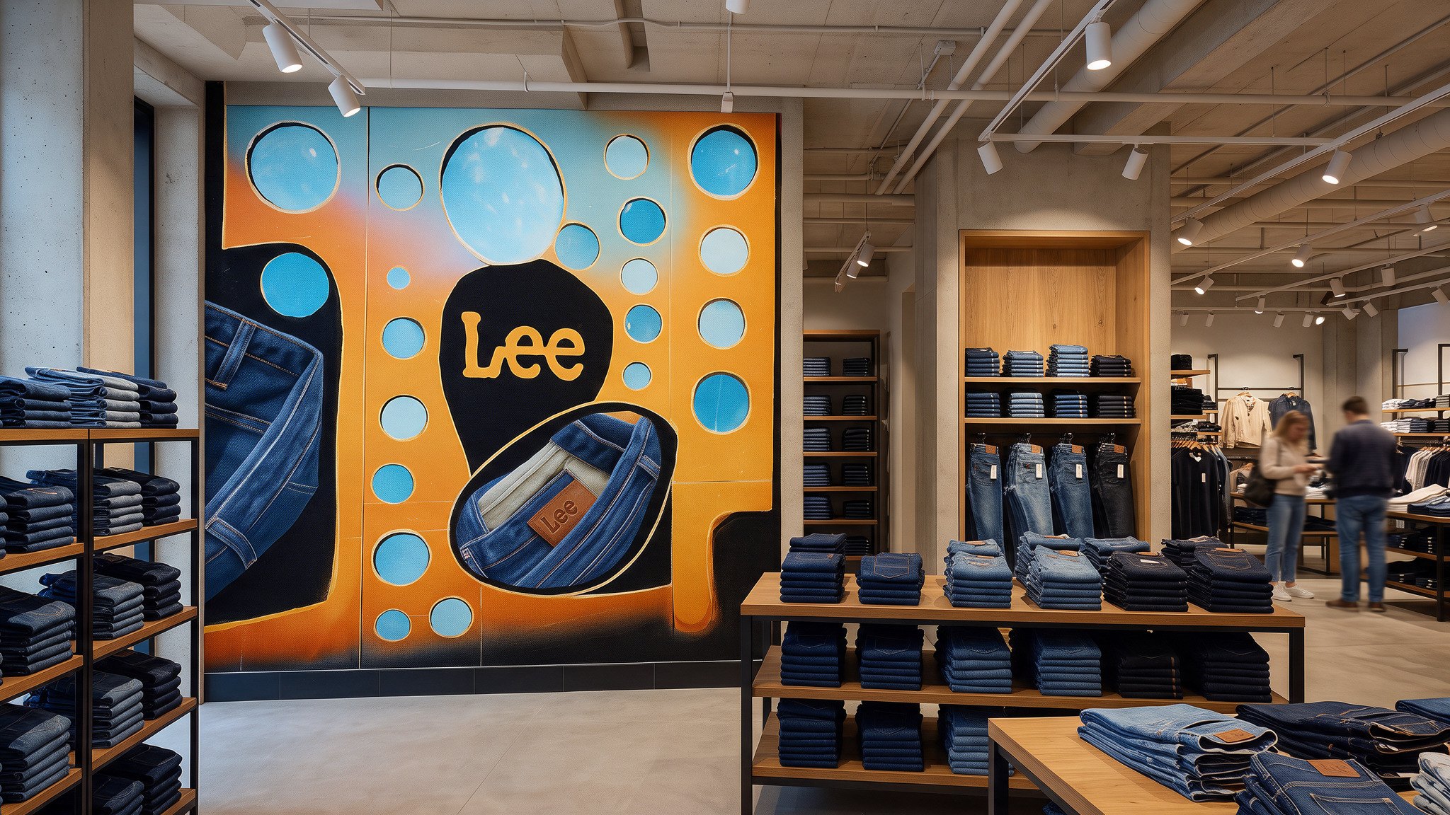 Lee store with the orange porthole wall behind tables of folded denim