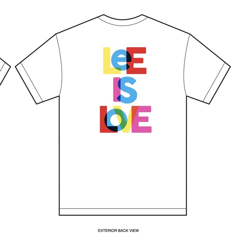 Pride tee artwork: the Lee Is Love lockup on the back