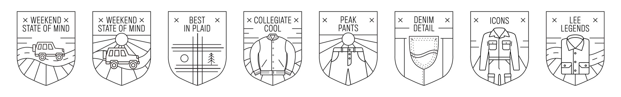Eight line-drawn badges: two Weekend State of Mind versions, Best in Plaid, Collegiate Cool, Peak Pants, Denim Detail, Icons, Lee Legends