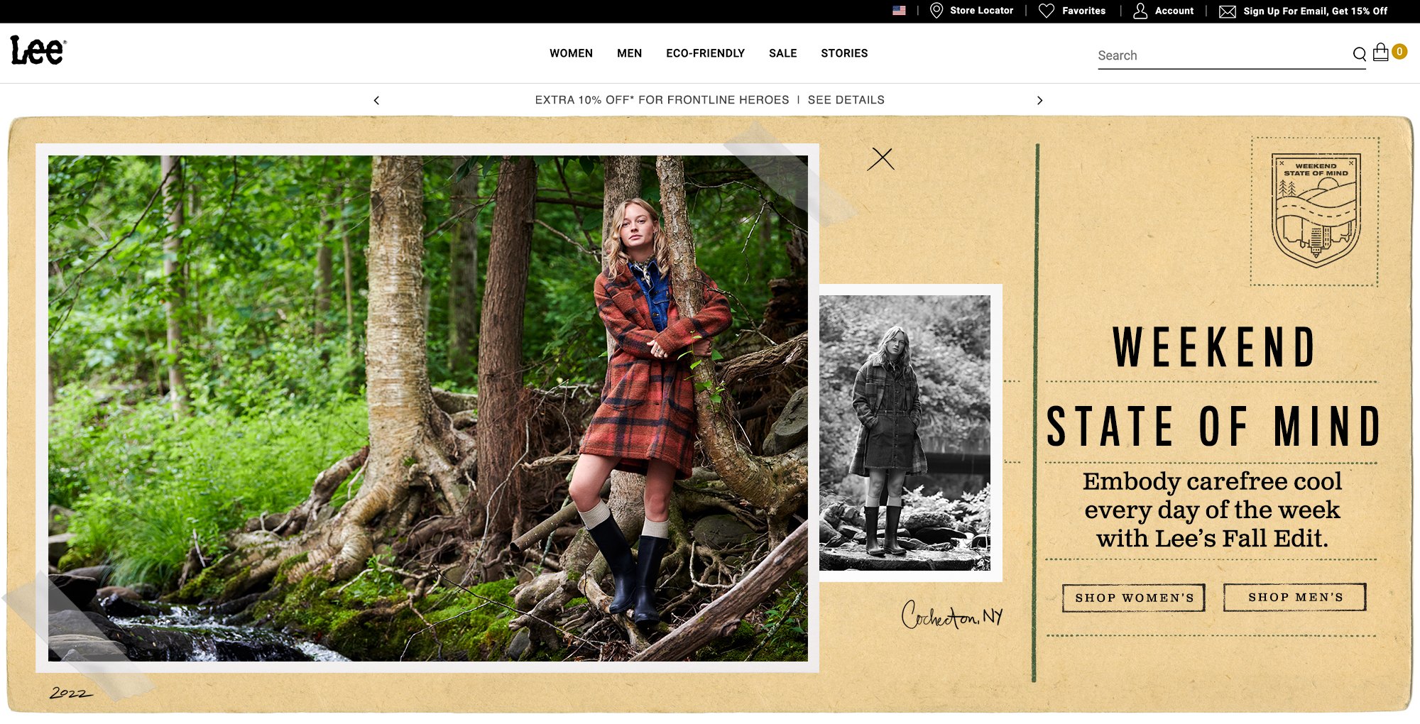 Lee homepage, Weekend State of Mind: a forest portrait and a black-and-white snapshot taped to a kraft postcard, handwritten Cochecton, NY
