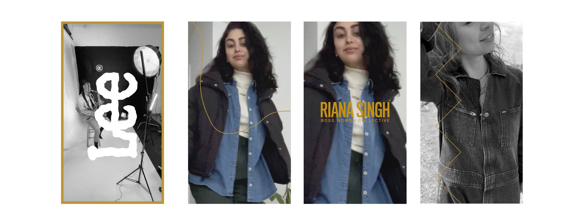 Storyboard frames: the Lee mark over a studio shot, a gold line and the Riana Singh name super