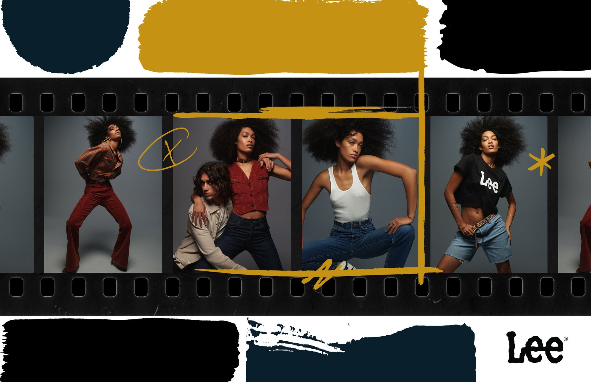 A film strip of four studio portraits marked up with a gold brush line, circles and a star