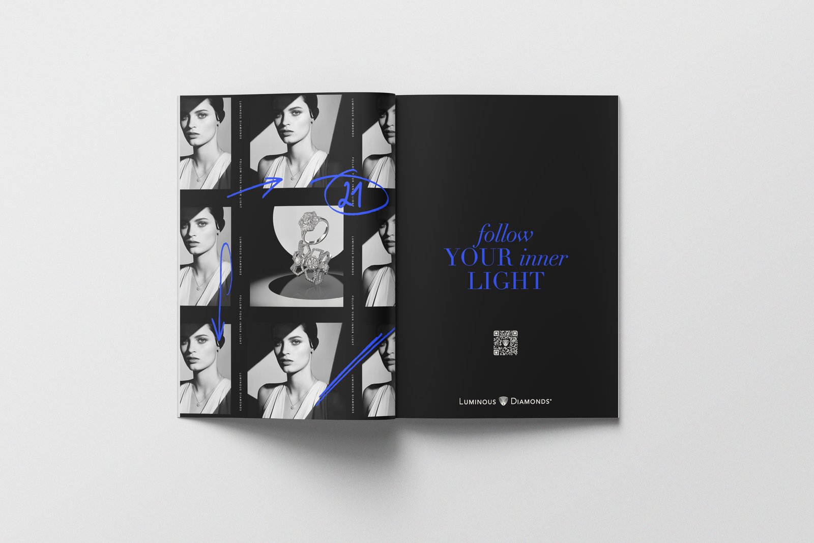 A magazine spread with a contact sheet and Follow Your Inner Light