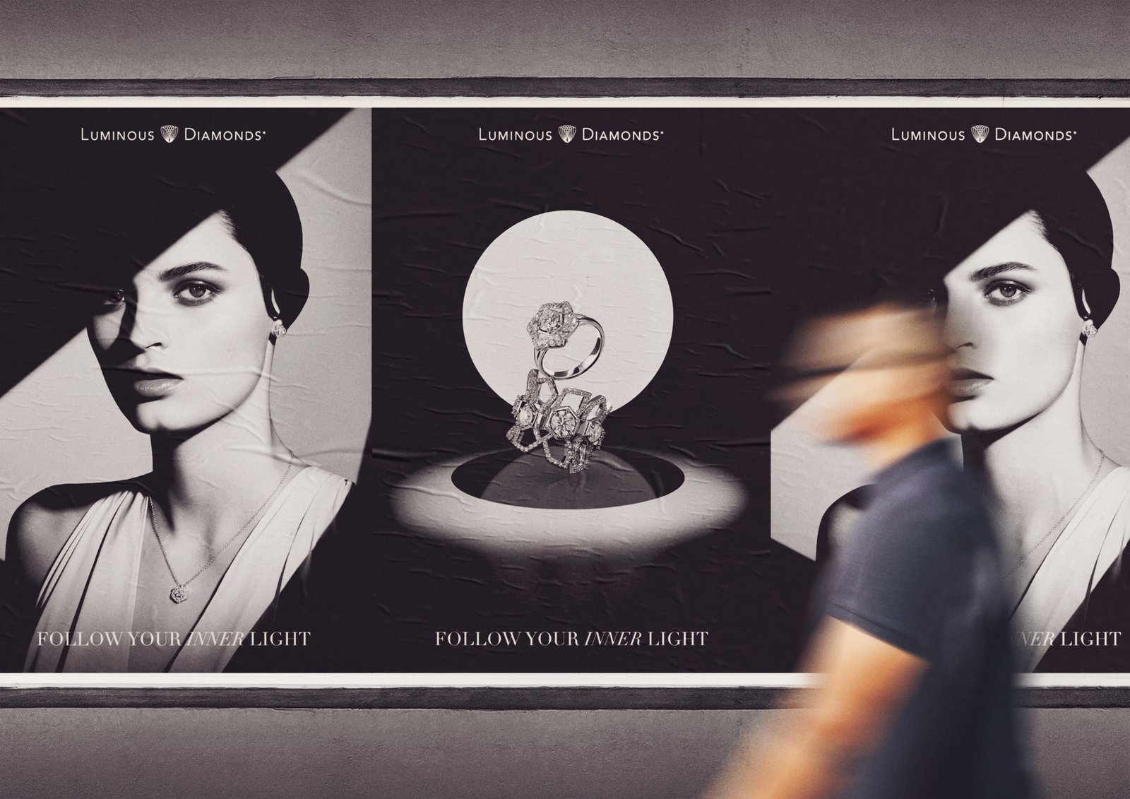 Wild posting of Follow Your Inner Light posters with a passerby in motion
