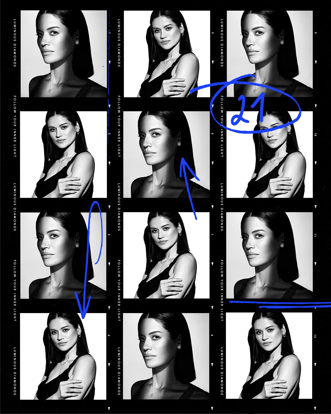 A vertical contact sheet with film edge type reading Luminous Diamonds and Follow your inner light, marked in blue