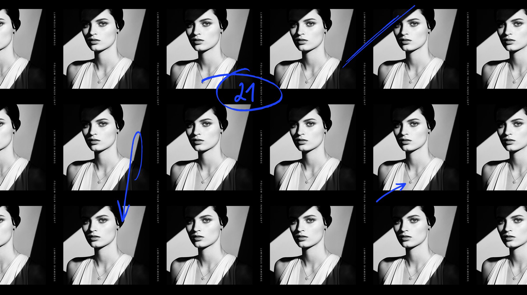 A wide contact sheet of a black and white portrait, marked up with blue arrows and a circled 21