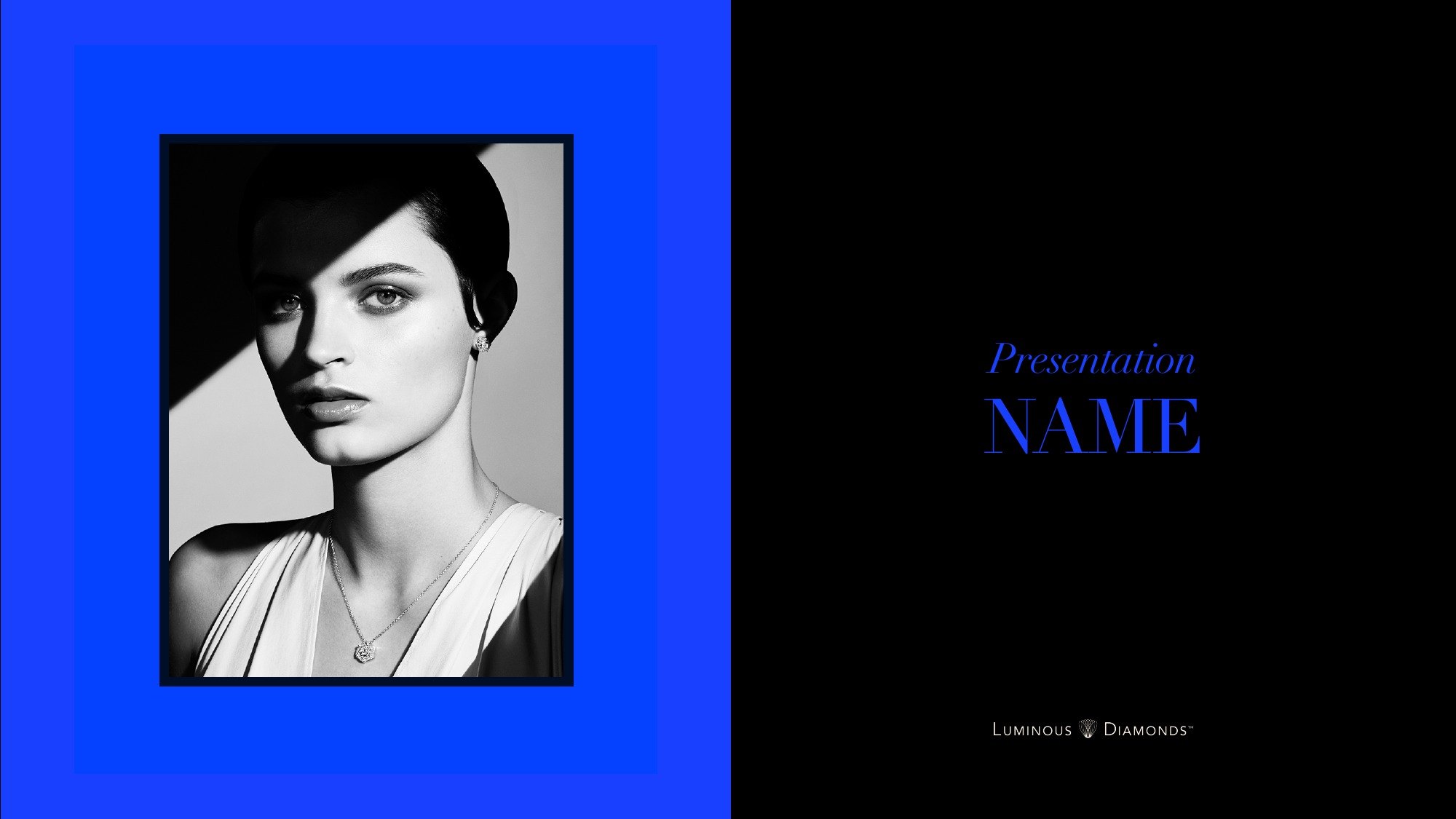 Presentation template title slide: a framed black and white portrait on blue