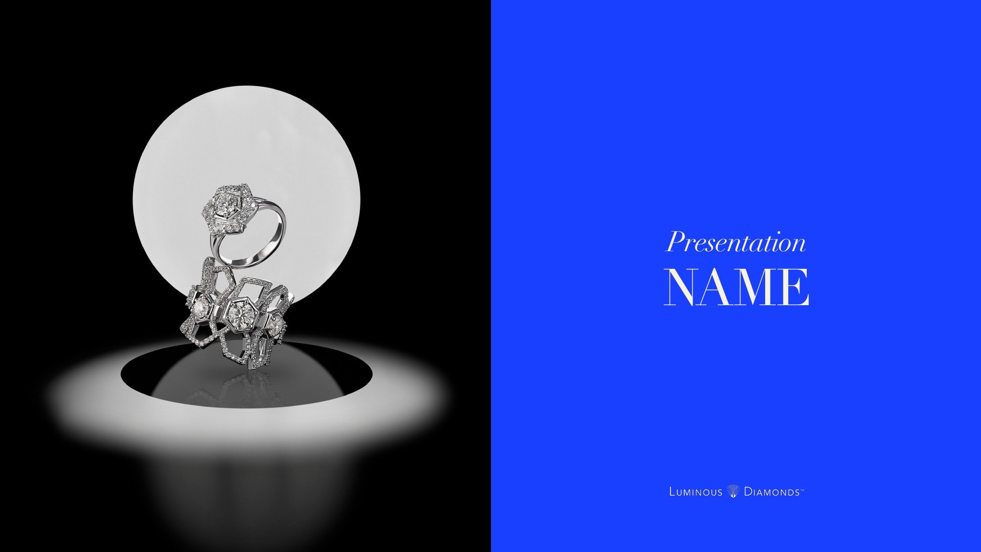 Presentation template title slide: a ring on a lit pedestal beside a blue panel