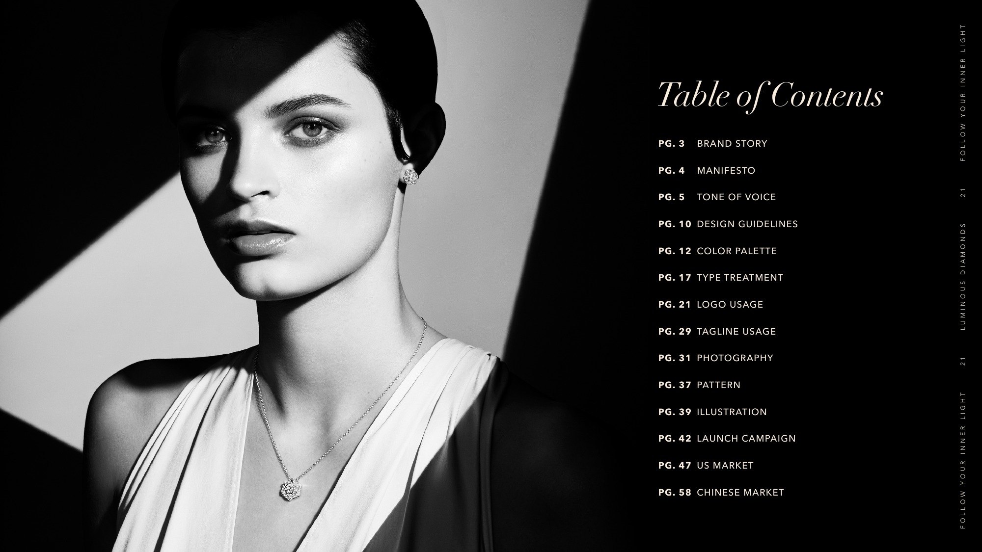 Luminous Diamonds brand guidelines: the contents page beside a black and white portrait in hard light