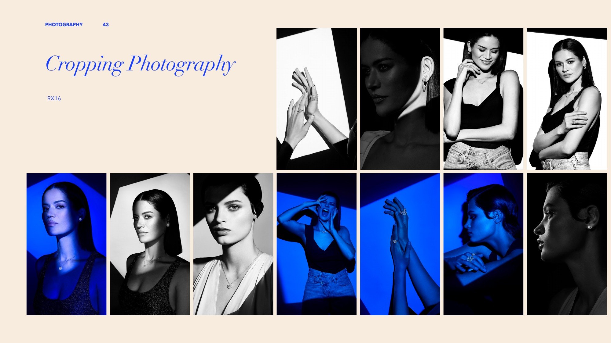 Guidelines page on cropping the photography, black and white and blue