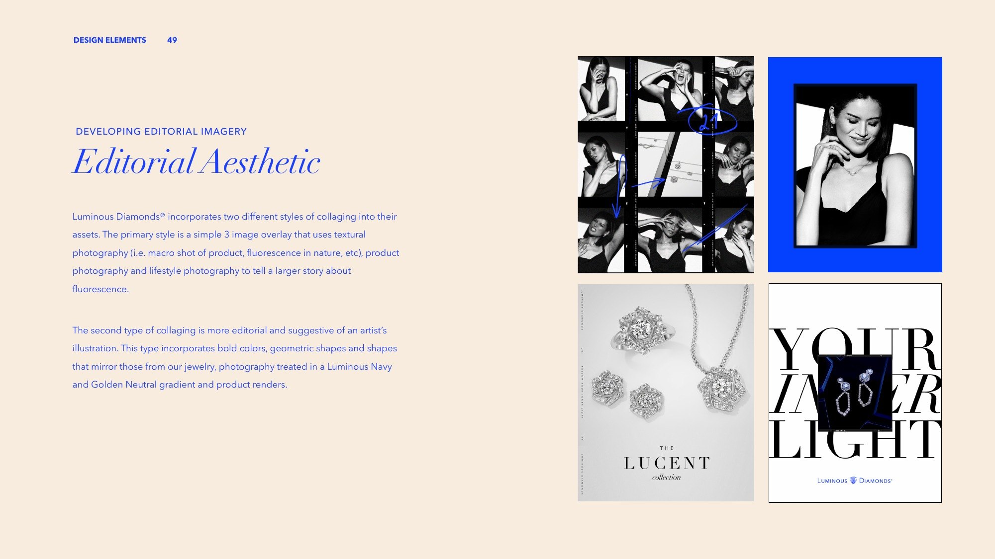 Guidelines page on the editorial aesthetic: a contact sheet, a blue frame, a Lucent product card and a Your Inner Light lockup