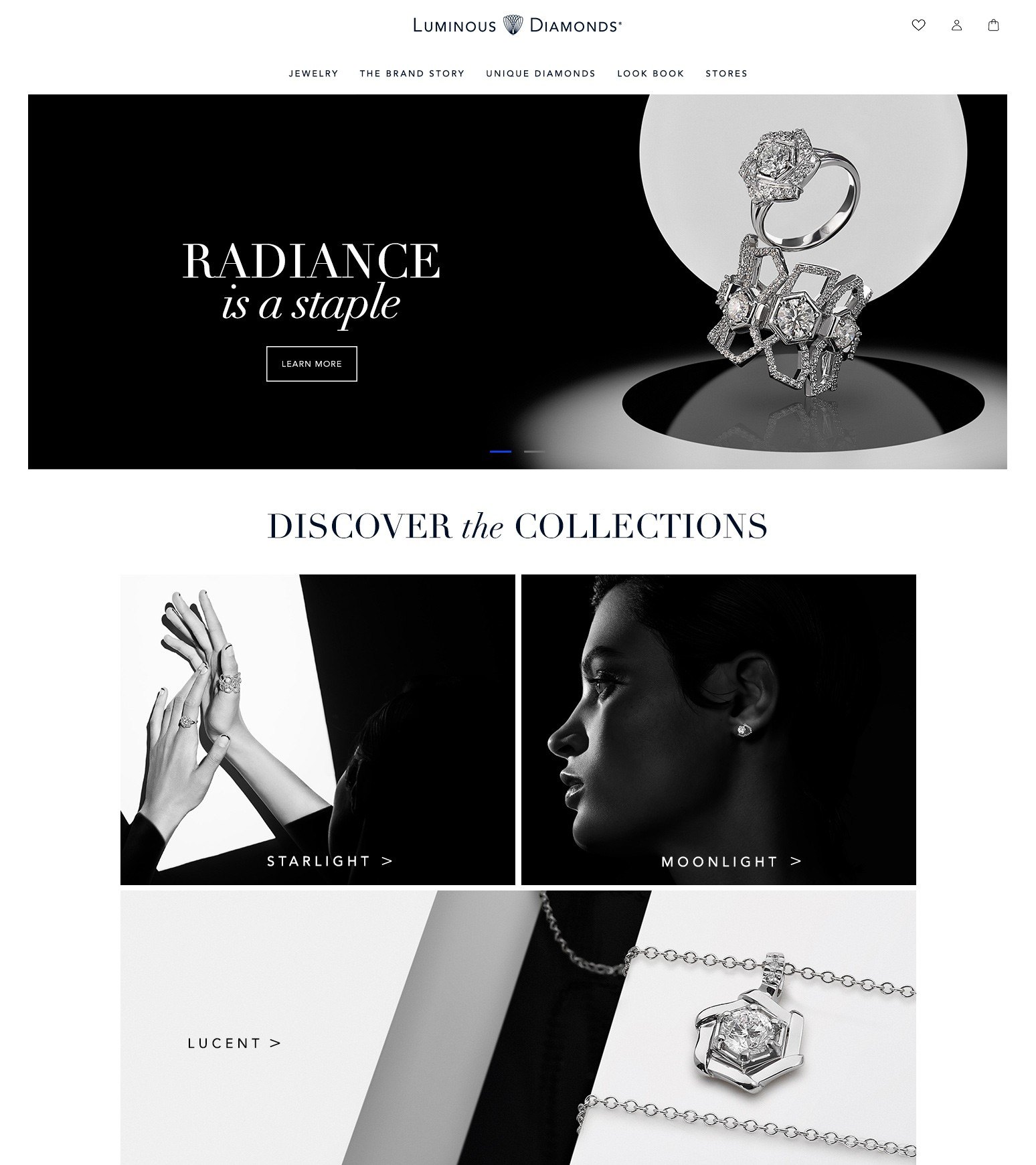 Homepage design: Radiance is a staple, with the Starlight, Moonlight and Lucent collections