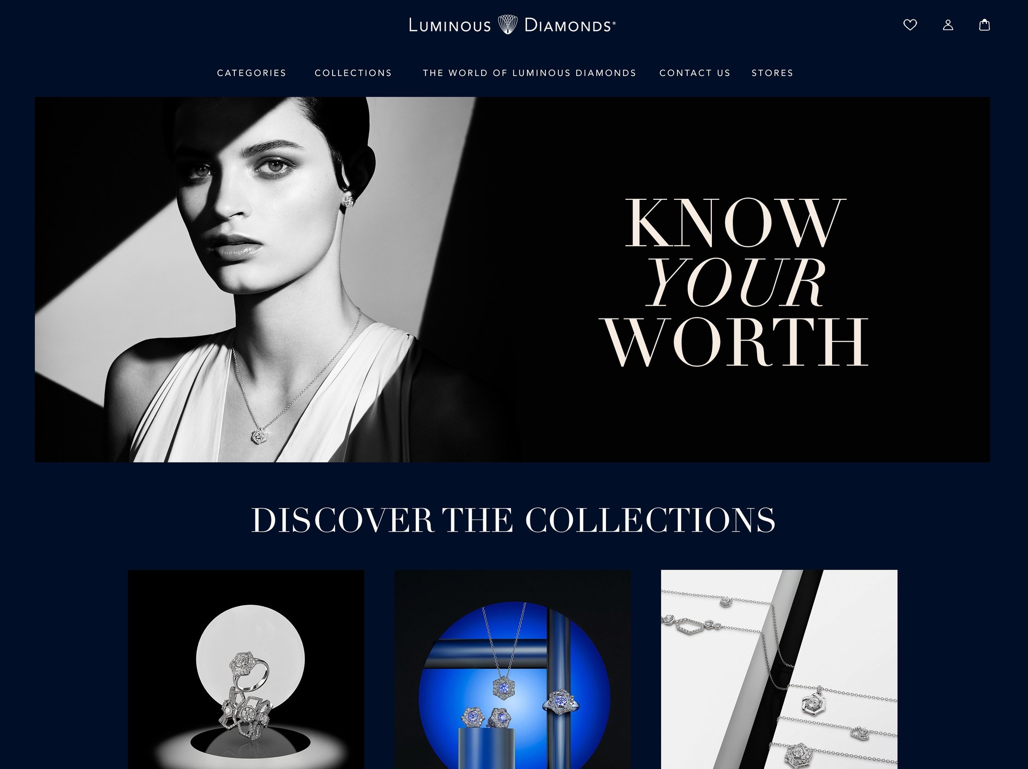 Homepage design in Luminous Navy with the headline Know Your Worth and the collections below