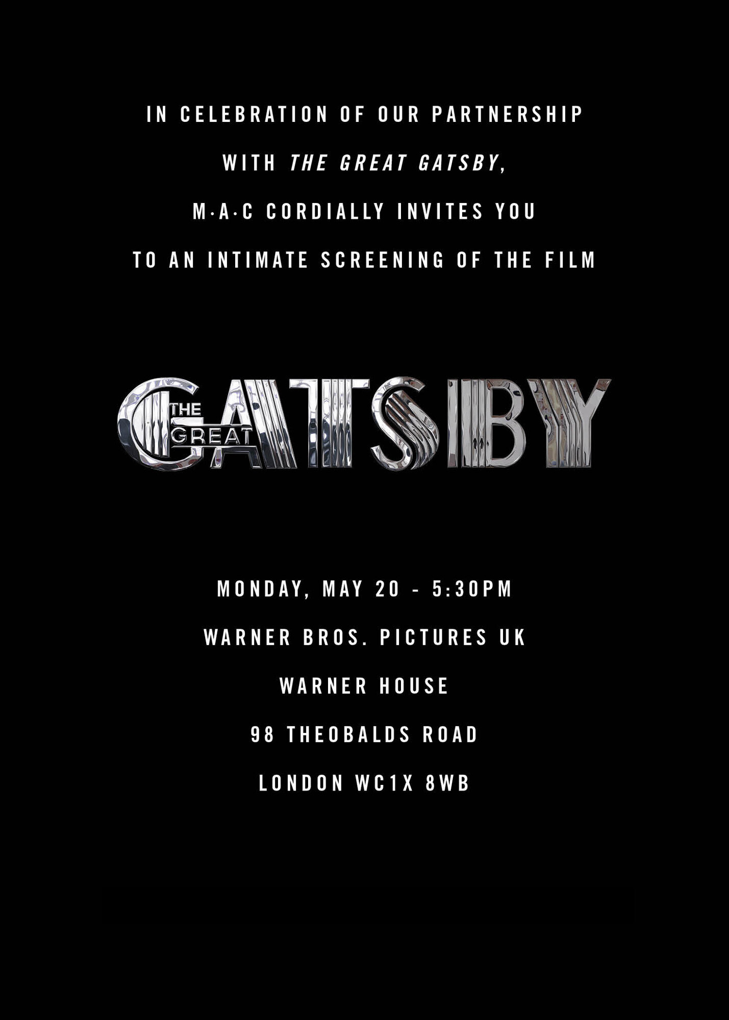 Black invitation to a screening of The Great Gatsby in London