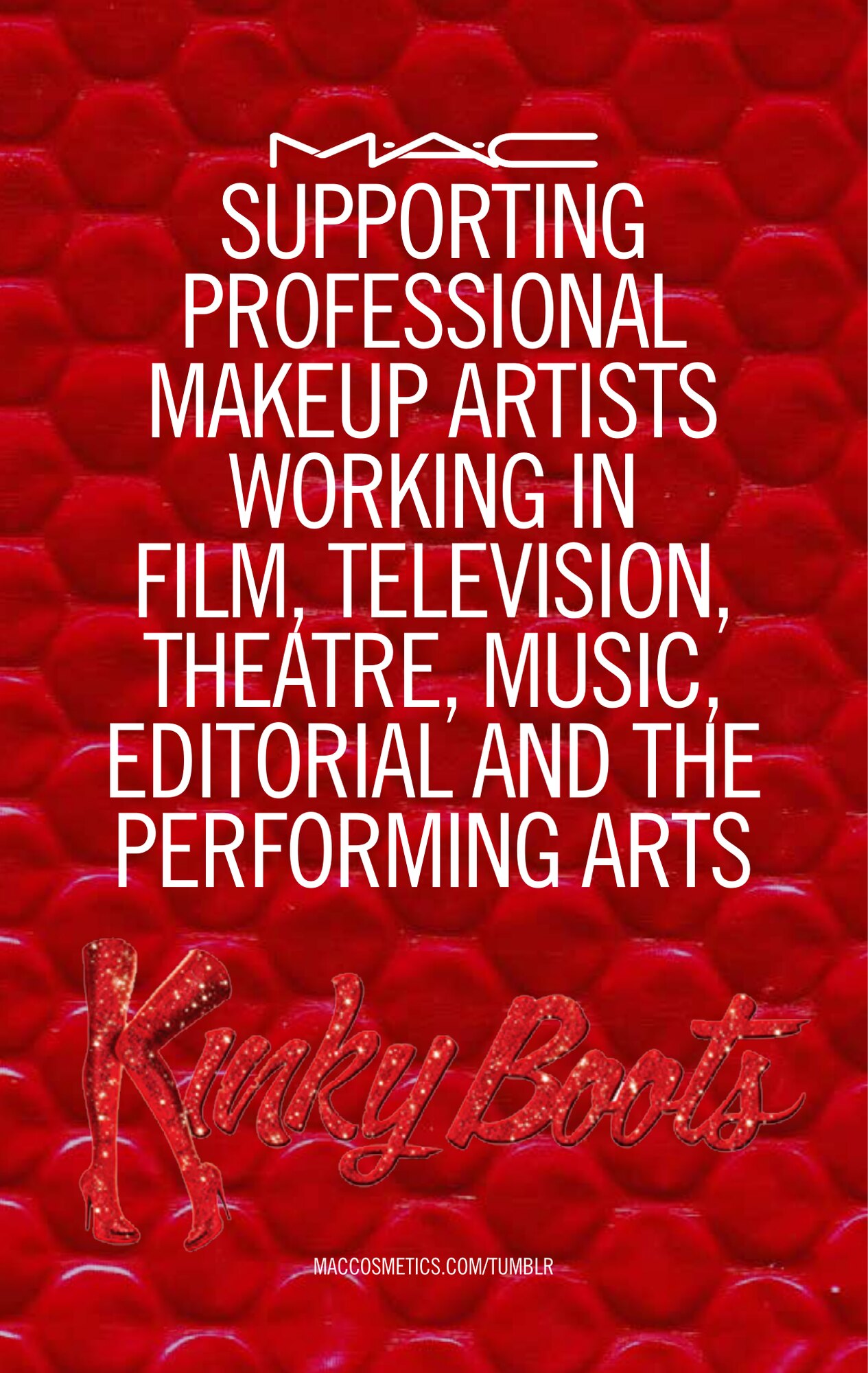 Kinky Boots Playbill page in red: supporting professional makeup artists in film, television, theatre, music, editorial and the performing arts