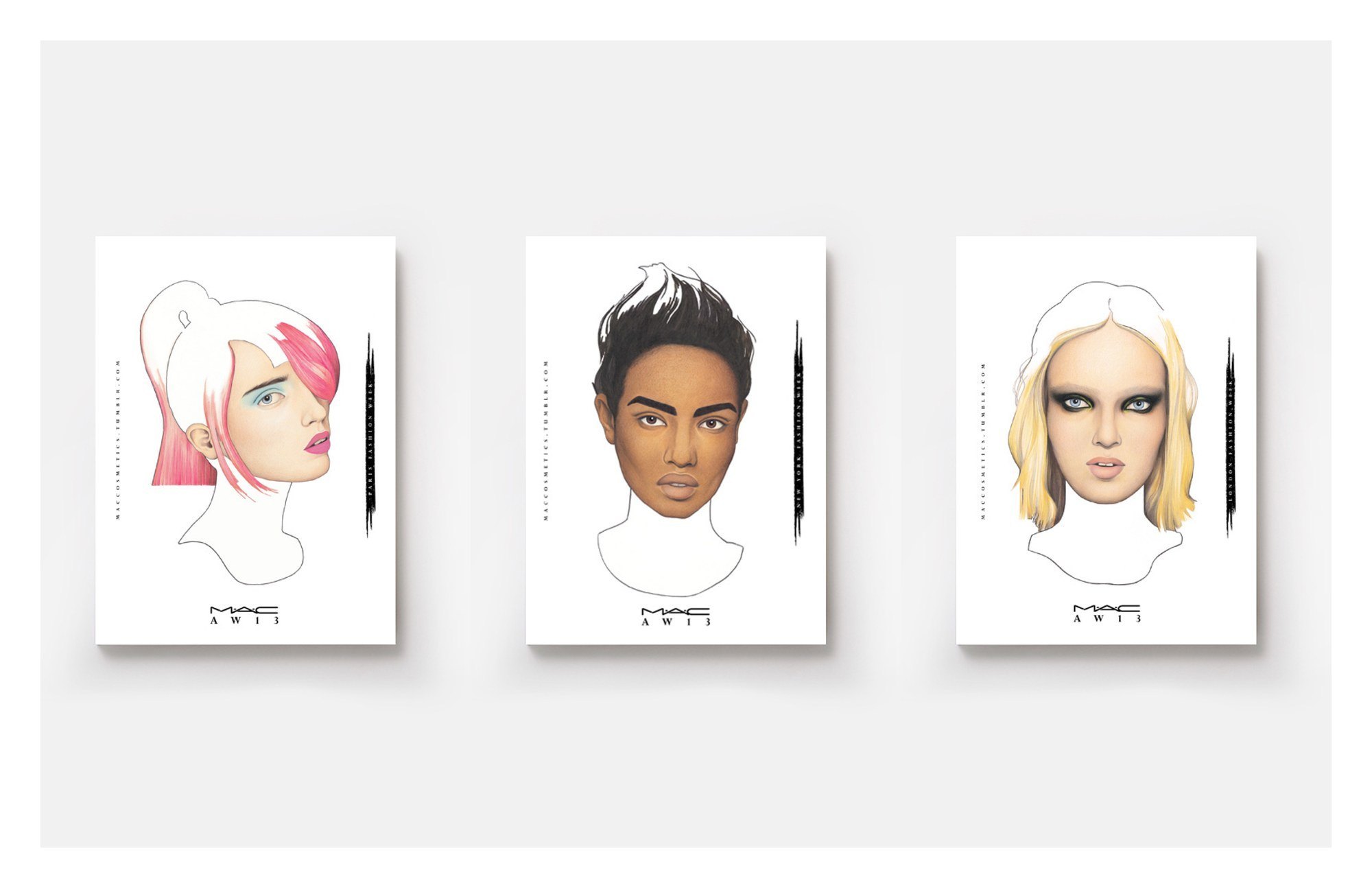 Three illustrated face cards marked M·A·C AW13