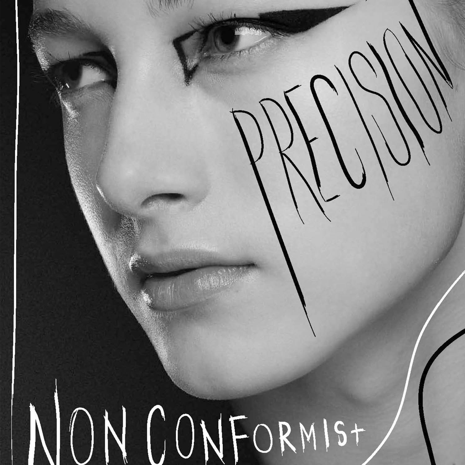 AW12 trend portrait: Precision and Non Conformist lettered across the face