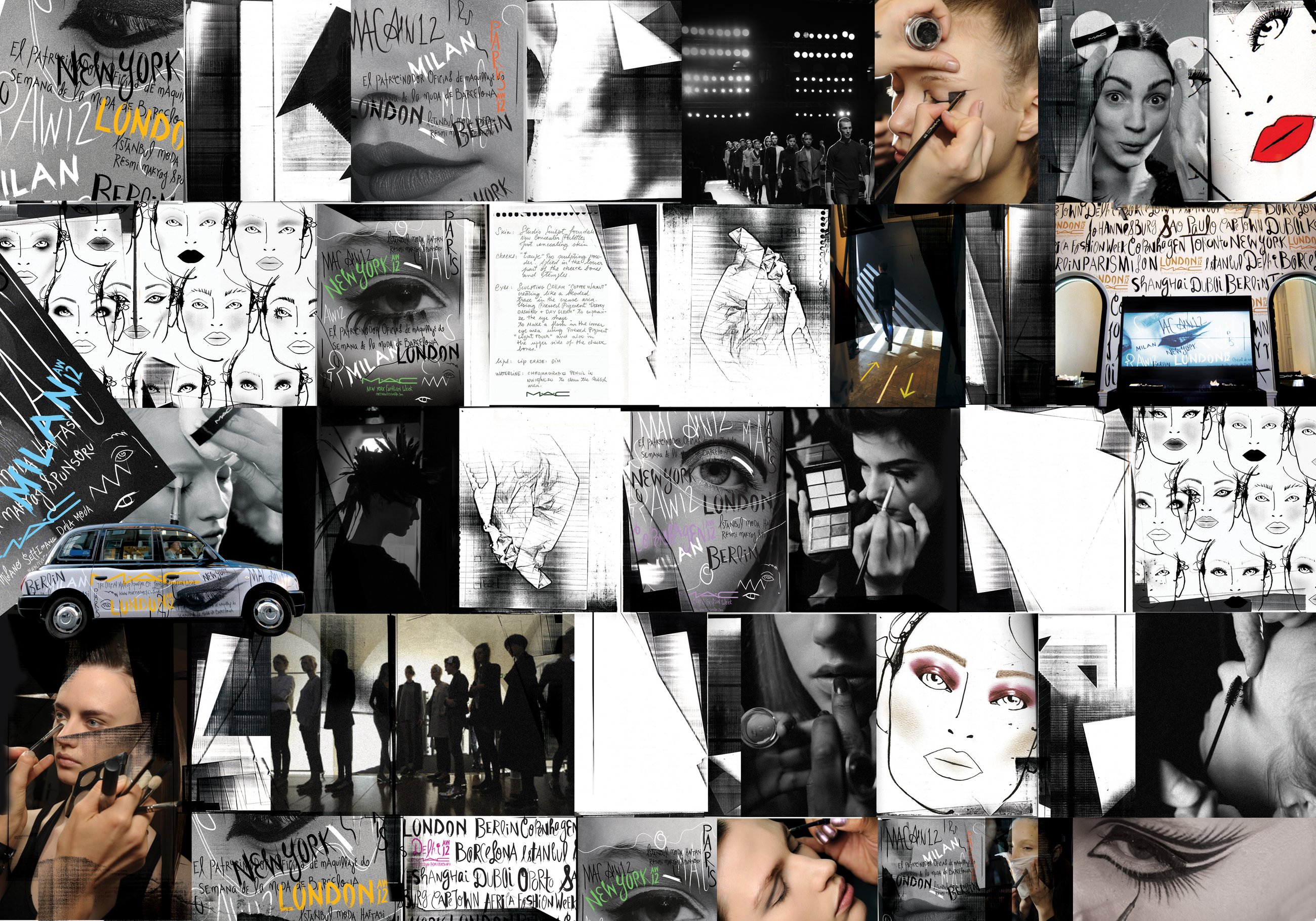 AW12 collage wall: backstage photographs, face charts and hand-lettered city names in black and white