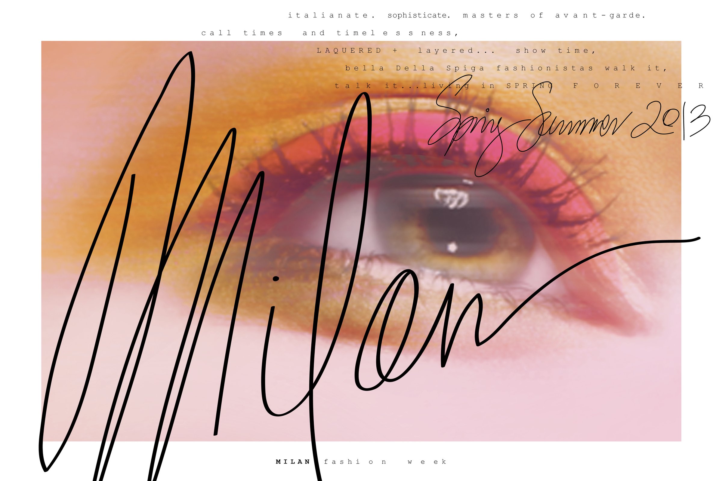 M·A·C Spring/Summer 2013 Fashion Week poster: Milan in black script over a pink and orange eye