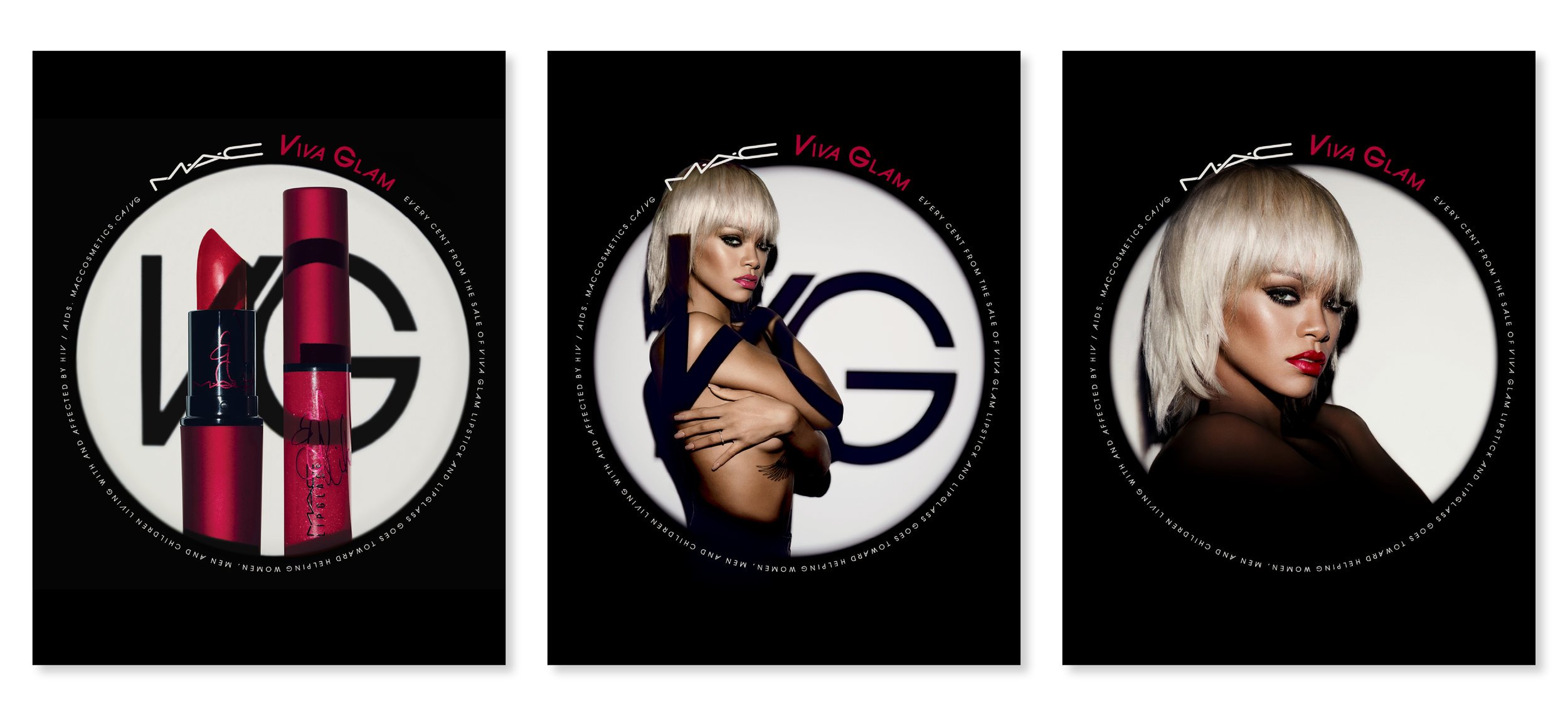 Three Rihanna Viva Glam posters with the VG monogram