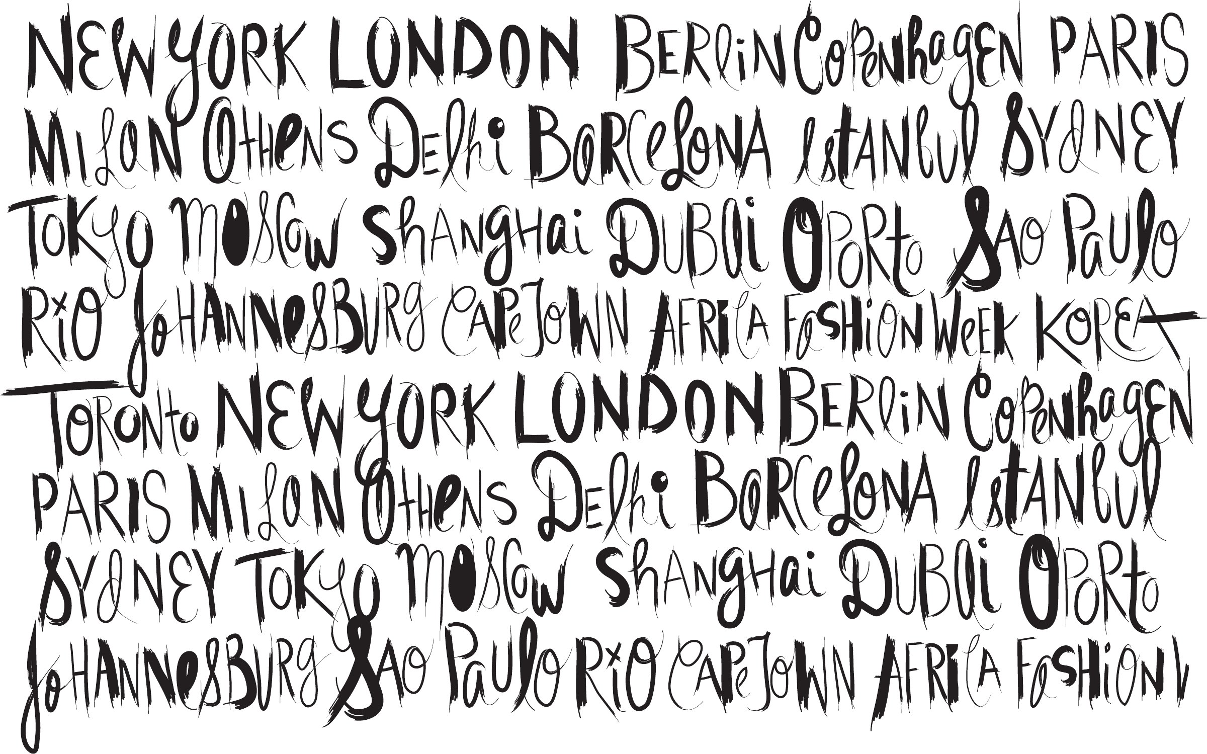 Fashion Week city names hand-lettered in black ink, from New York and London to Rio, Johannesburg and Korea