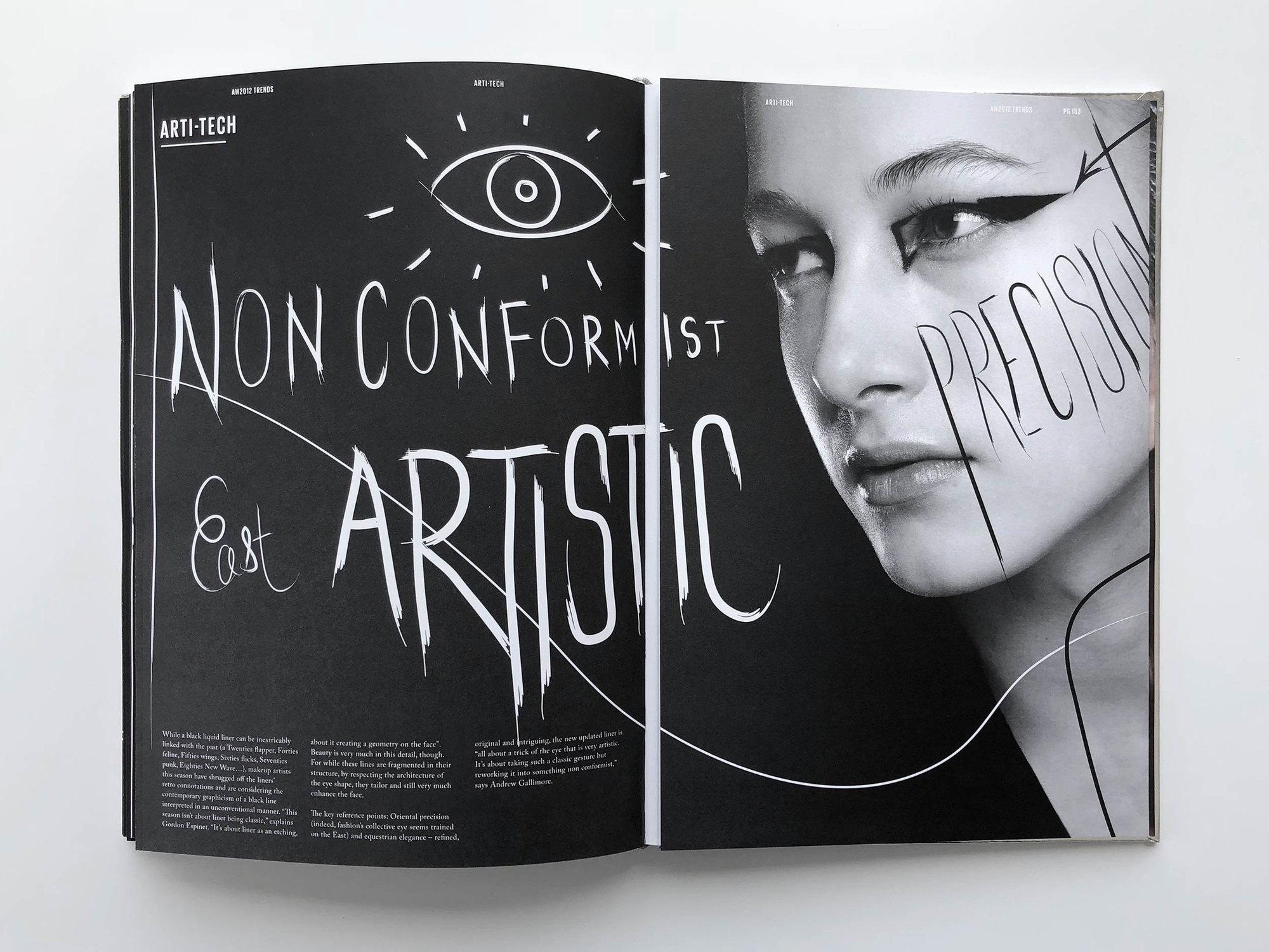 AW12 trend book spread, Arti-Tech: Non Conformist and Artistic lettered in white on black, beside a portrait with Precision written across the face