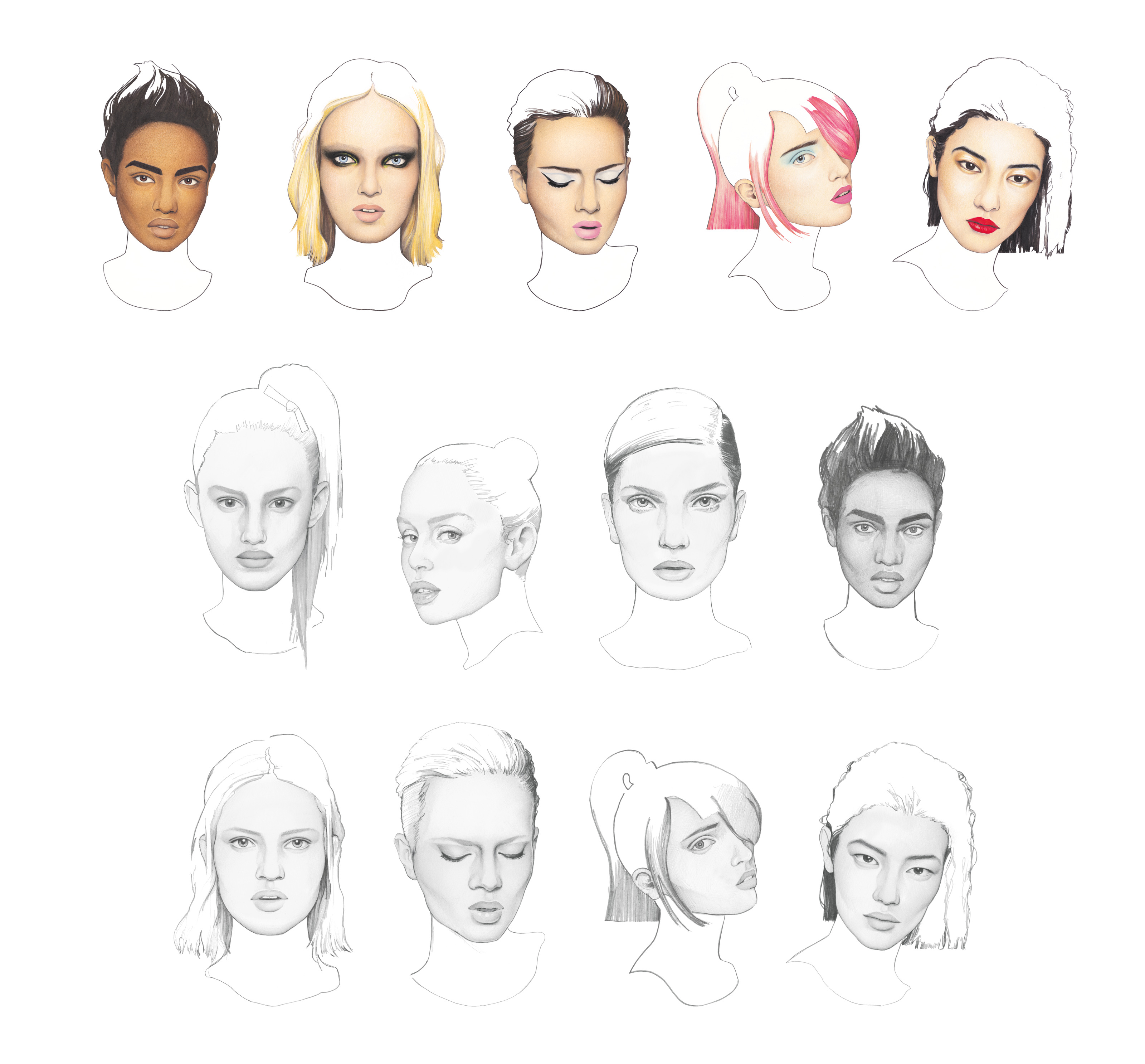 AW13 face chart illustrations: thirteen faces on white, five in color above and eight in pencil below