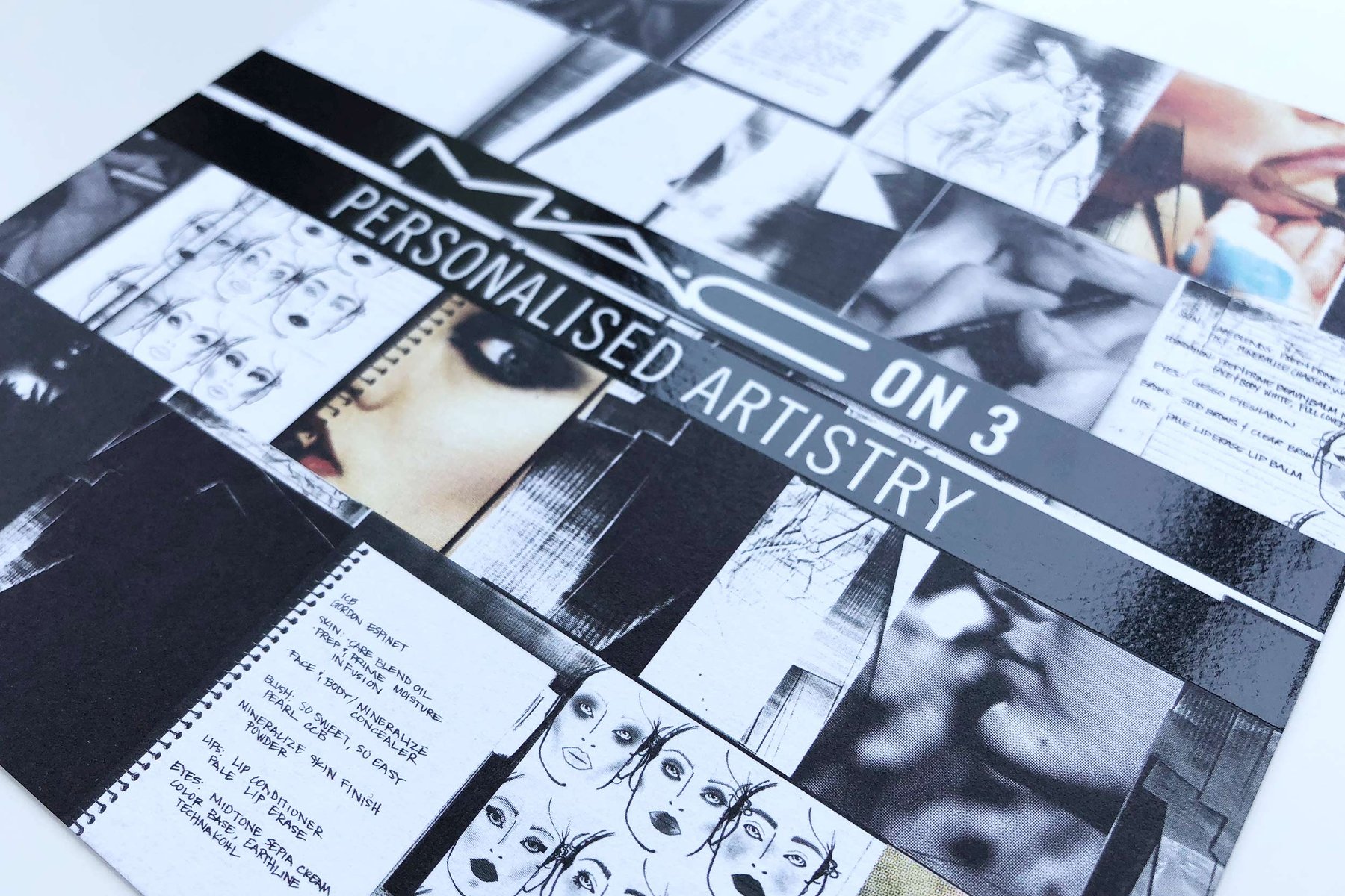 The M·A·C on 3 Personalised Artistry card, open, with collaged face charts and photographs