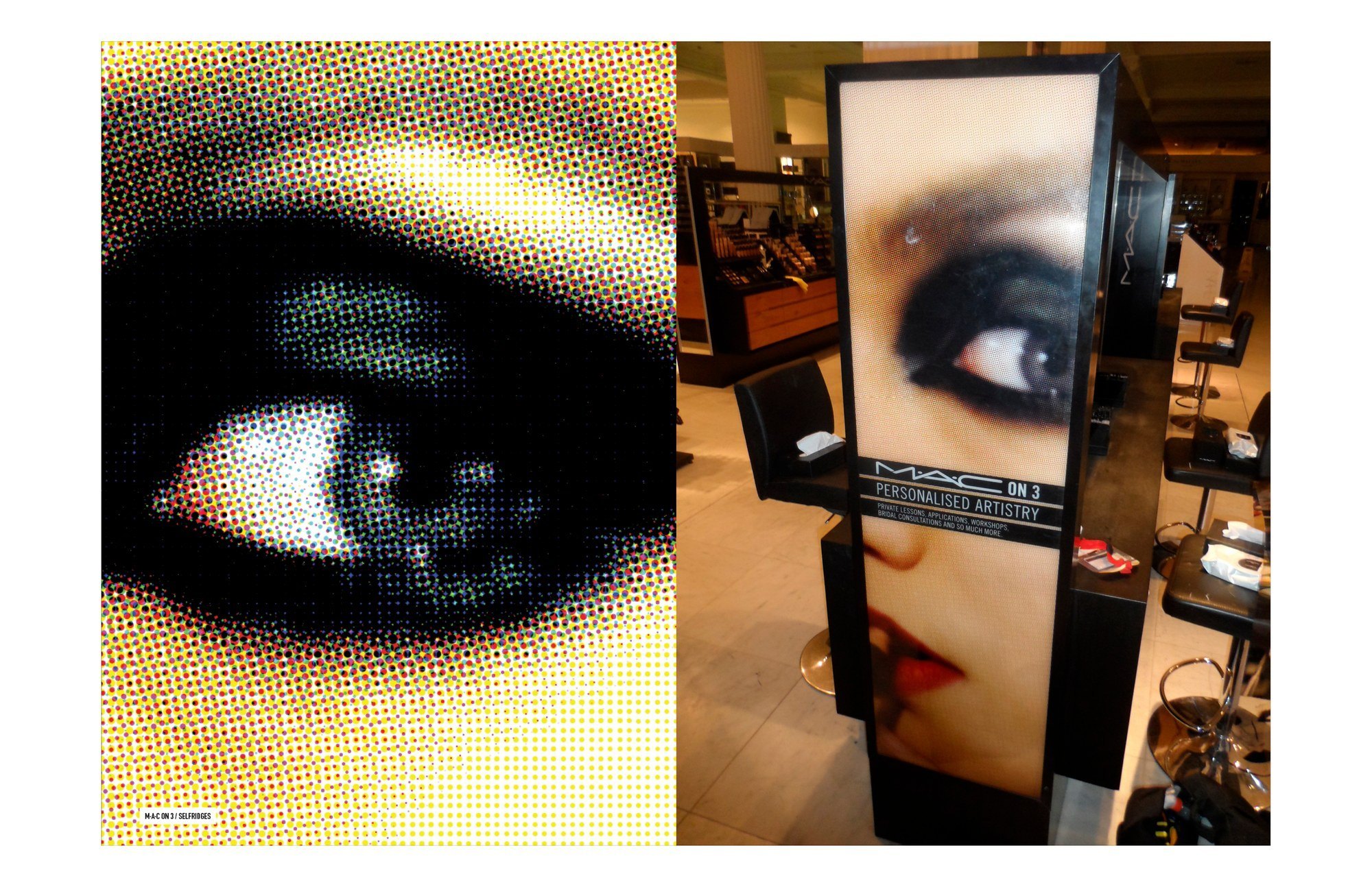A halftone eye beside the M·A·C on 3 Personalised Artistry tower in store