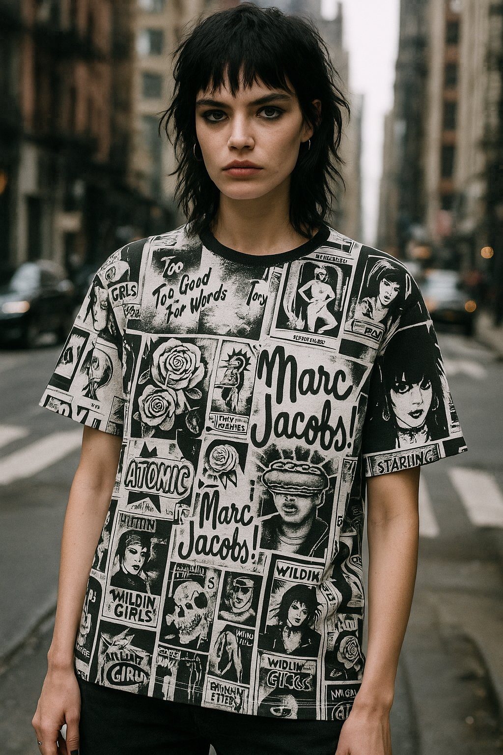 Model in a collage print tee
