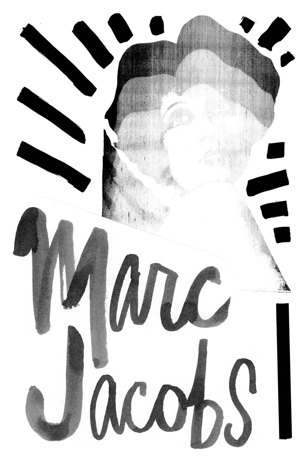 Marc Jacobs in brush lettering under a faded face and black rays