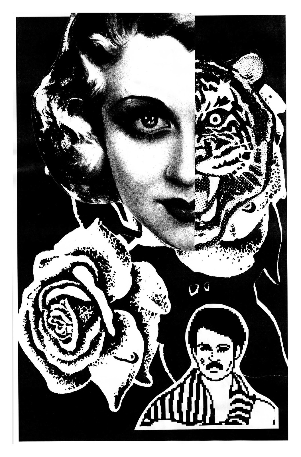A face split with a tiger, roses below