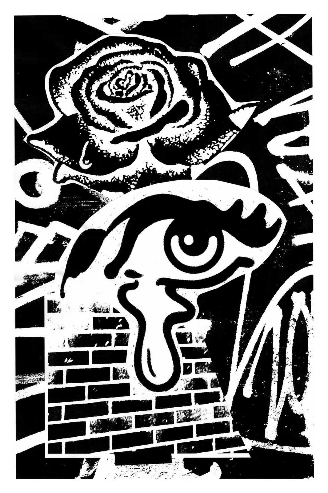 A weeping eye over a brick wall
