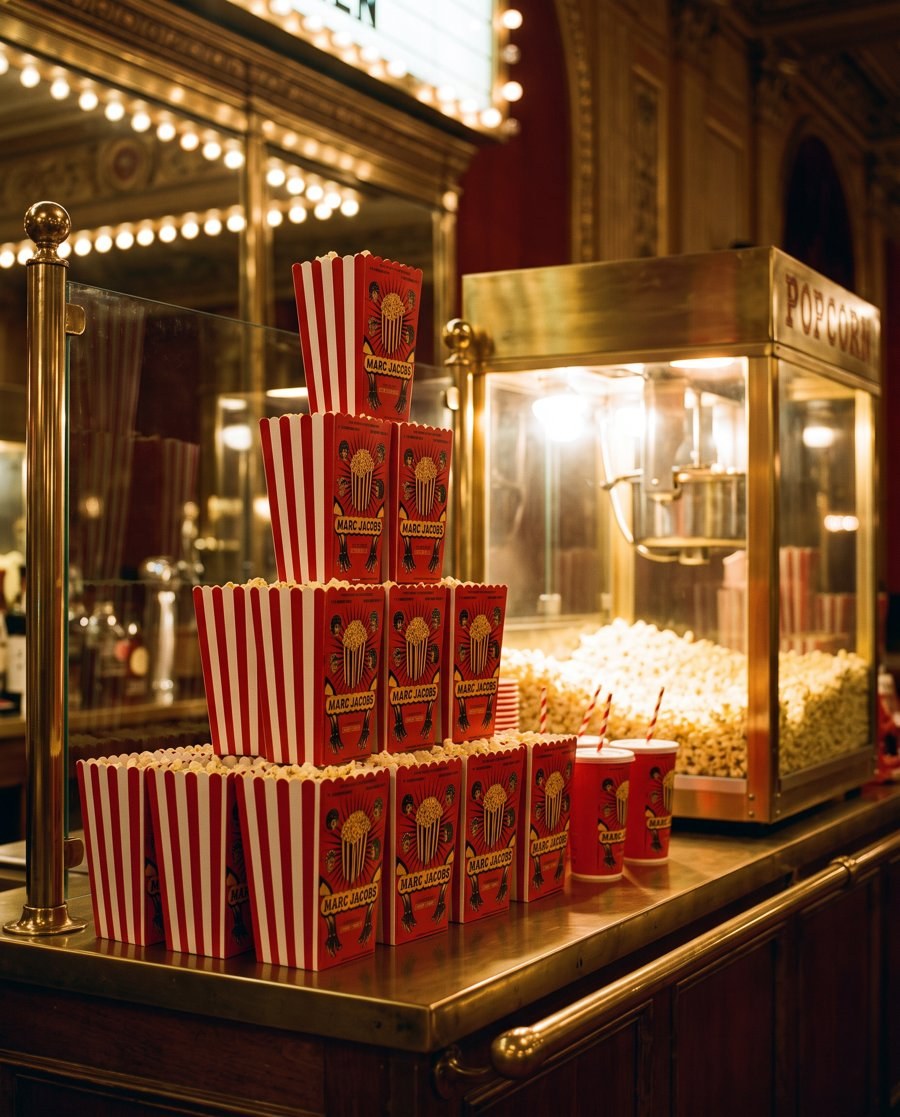 A pyramid of Marc Jacobs popcorn boxes and cups beside a brass popcorn machine