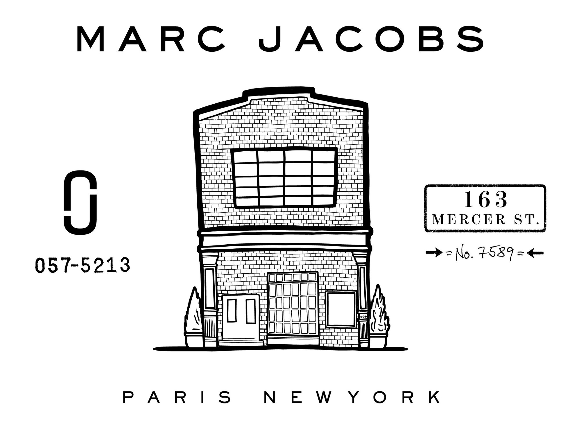 Marc Jacobs 163 Mercer St. label with the store drawn in line