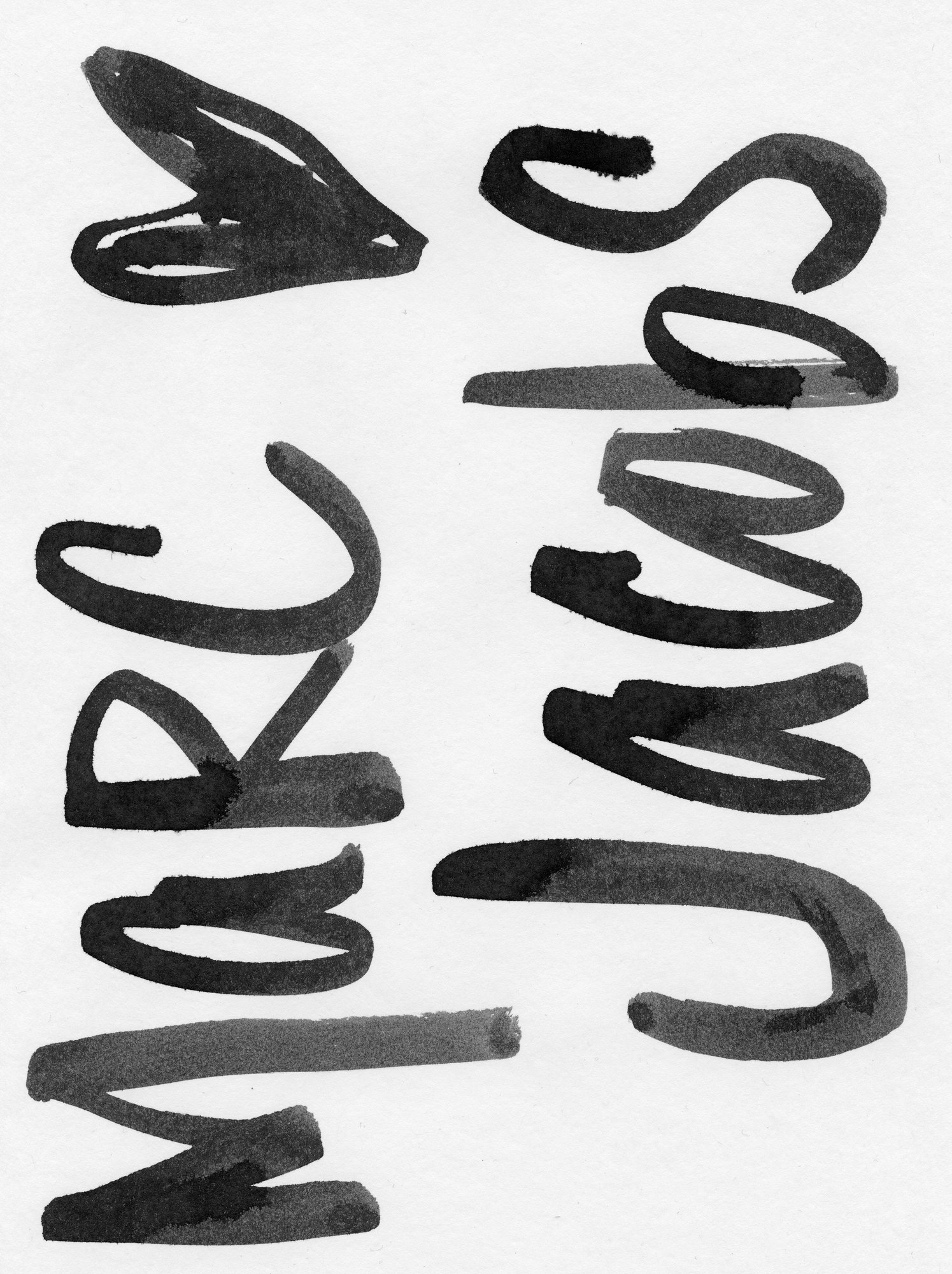 Marc Jacobs and a heart in brush lettering, black ink on white paper