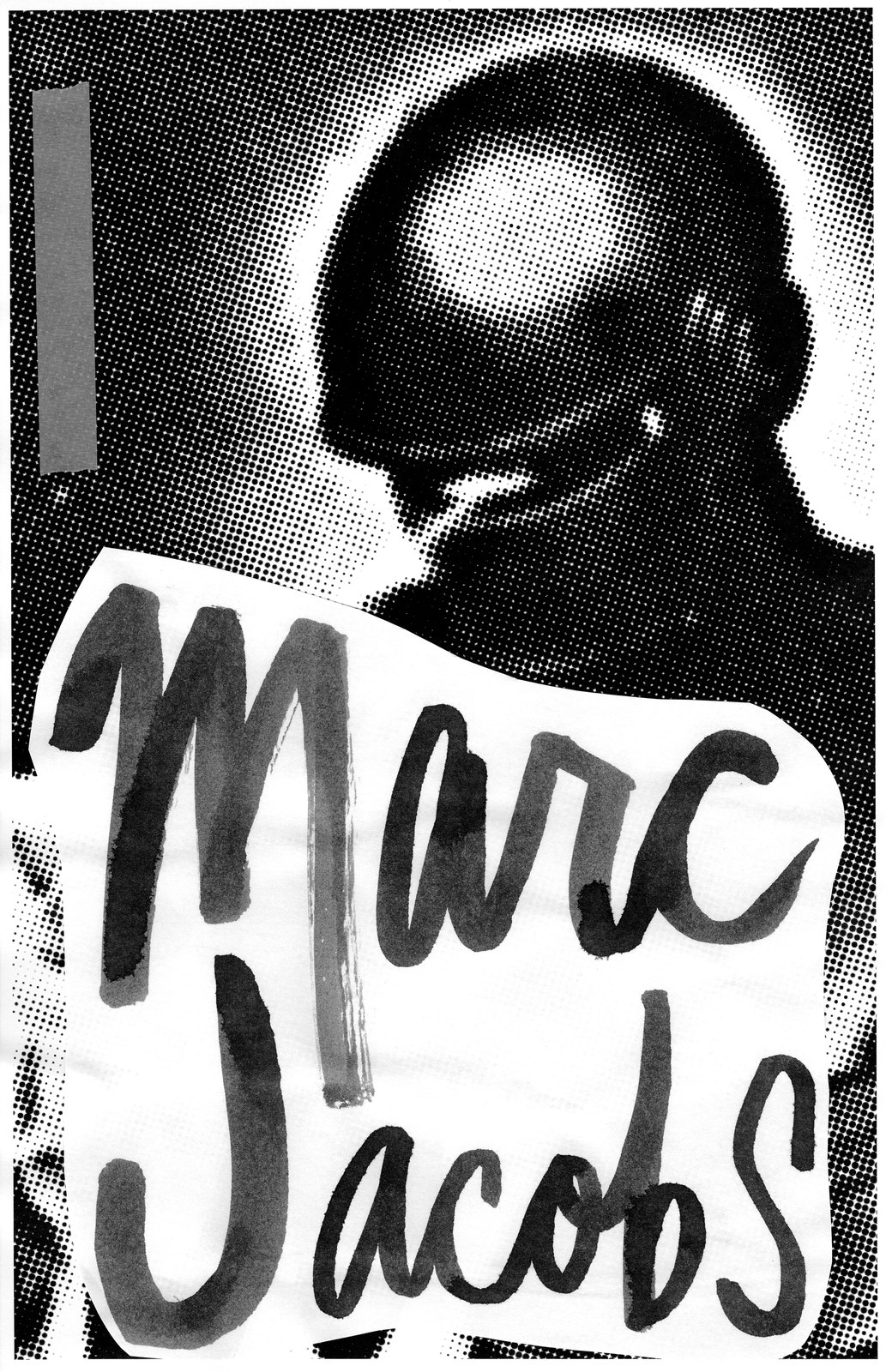 Marc Jacobs in brush lettering on cut paper over a halftone portrait