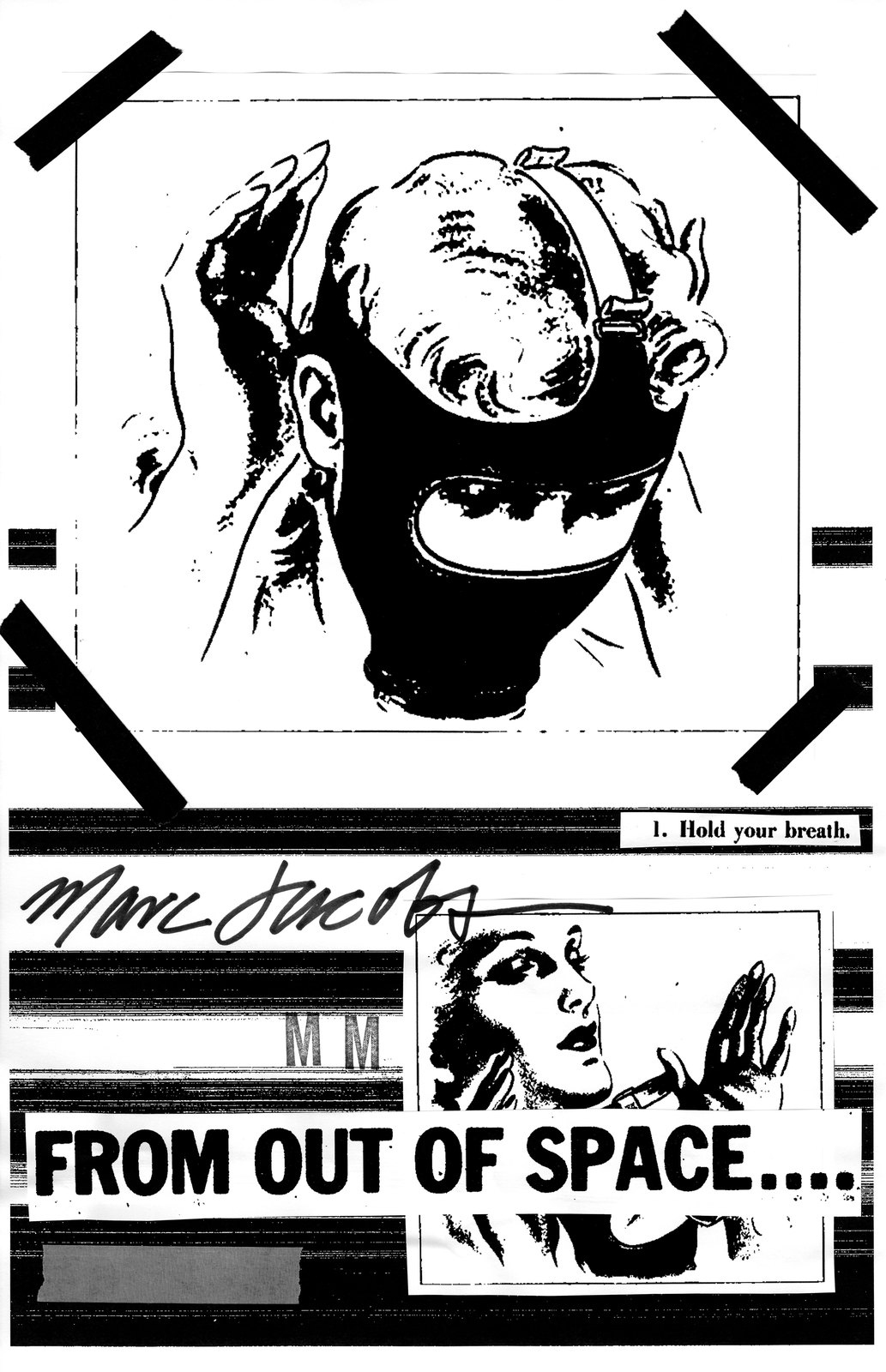 From out of space: a masked face, Marc Jacobs written in pen, black tape at the corners