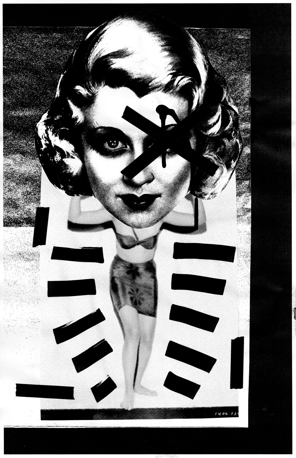 A face crossed out, the body boxed in black tape